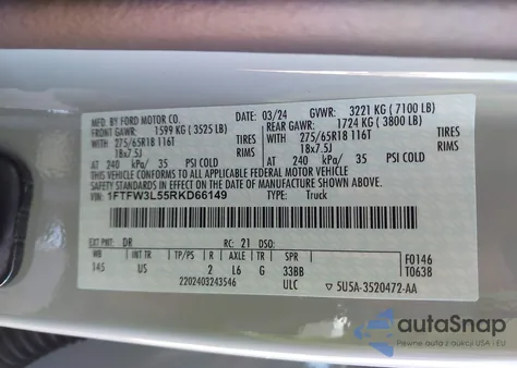 2024 Ford F-150 Xlt from USA, damaged, VIN 1FTFW3L55RKD66149